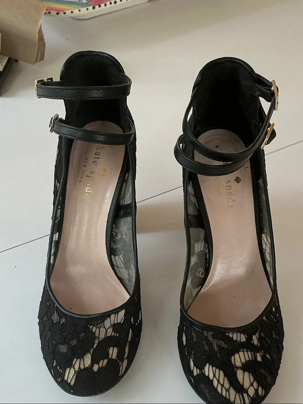 kate spade Black Lace Double-Ankle Block Heel Pumps